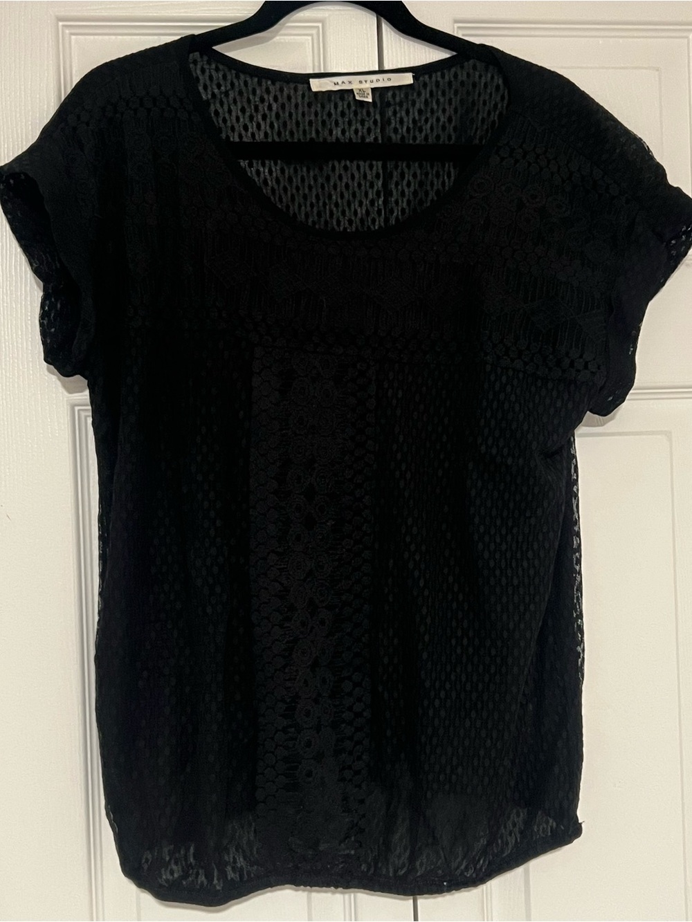 Max Studio Black Lace Scoop-Neck Short Sleeve Top
